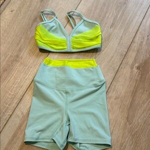 Five Dancewear Two-Piece Activewear Set in Light Blue and Neon Yellow Mesh